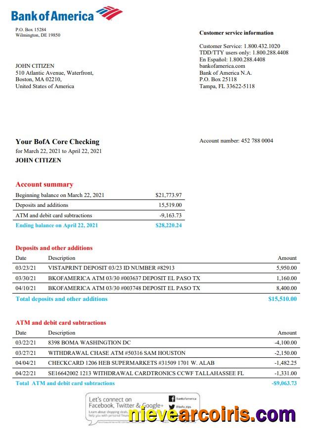 USA Bank of America bank statement in Word and PDF format, version 4